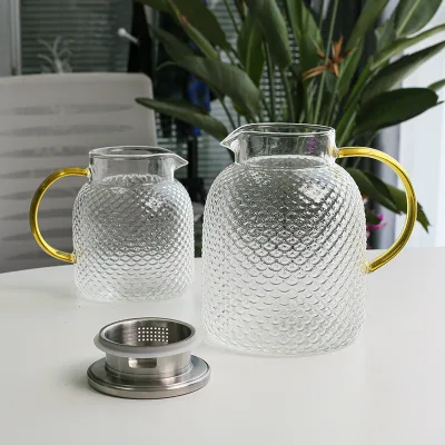 Stovetop Safe Borosilicate Glass Water Carafe with Hammered Texture Stainless Steel Filter Lid & Golden Handle