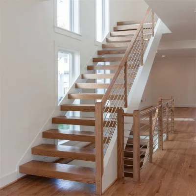 Factory Price Straight Staircase Floating Double Stringer Staircase with Durabel Wood Treads & Custom Railing Ideal for Villa