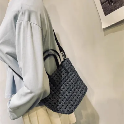 Wholesale Premium Hand Carry Woven Tote Denim Bag Chain Decoration New Fashionable Geometric Pattern Custom Lady Handbag Purse