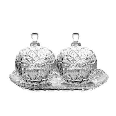 High Quality Glass Mini Candy Jar Set Two Sugar Pot with Tray Snack glassware Pot Set with Dish Glass Candy Pot Sets for Home