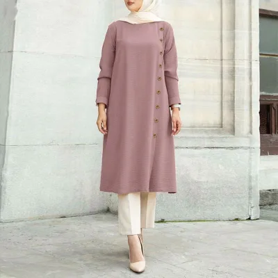 2024 HANO Women's Muslim Long Sleeve Shirts Casual Loose Shirts Tops Outdoor Pullover Turkish Loose Crew Neck Dresses Moroccan D