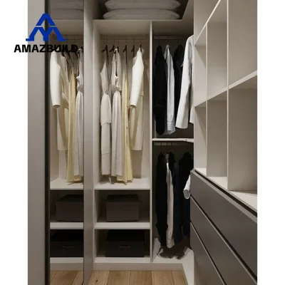 AMAZBUILD Contemporary Open Wardrobe Closet L-Shape White Cabinet With Grey Drawers for Small Bedroom Home Furniture