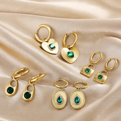 Customization SLOONG Wholesale Vintage French Jewelry Green Square Waterdrop Geometrical Crystal Earring Heart Hoop Earrings