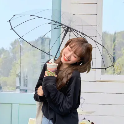 Customized Automatic Wind-Resistant Transparent Umbrella with Long-Handled Solid Color Advertising Straight Umbrella Gift