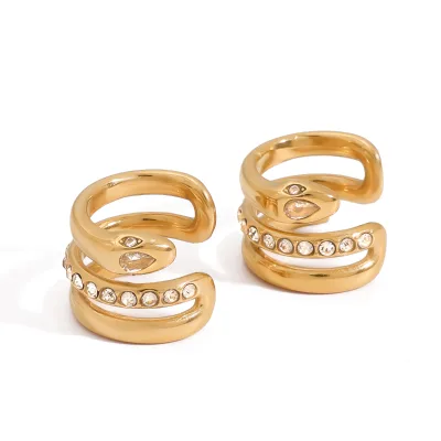 J&D Modern Temperament 18K Gold Stainless Steel Glass Zircon Snake Series Winding Ear Cuff Earrings