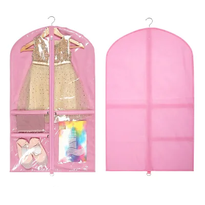 Reusable Non Woven Dance Garment Bags with Clear PVC Kids Suit Cover Dustproof Hanging Tote Foldable Clothes Storage Bag