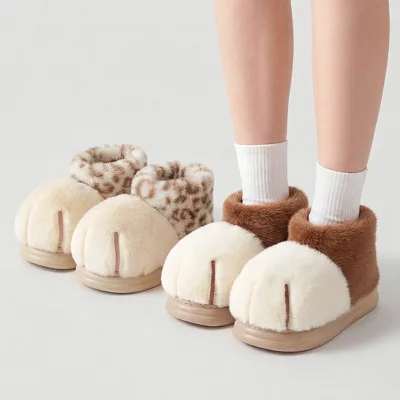 Unisex Cute Cat Claw Leopard Print Warm Winter Home Slippers Couples High Ankle Cotton EVA Anti-slip Sole Shoes
