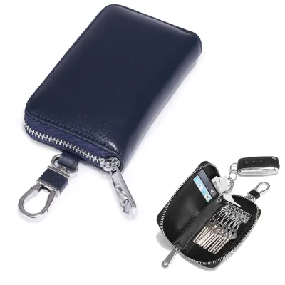 Fashion Genuine Leather Car Key Case Button Closure Car Key Holder Metal Ring Car Key Wallet for Lady