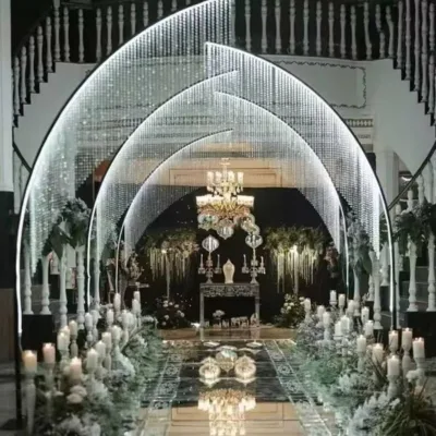 Luxury Gold Modern Metal Acrylic Lighting Curtain for Wedding Party Ceiling Stage Background Decoration with Ring Road Lead