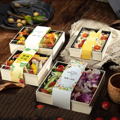 Salad Packaging Wooden Box, Disposable Takeaway Bento Box, Light Food Meal Box, Fruit Wooden  Box