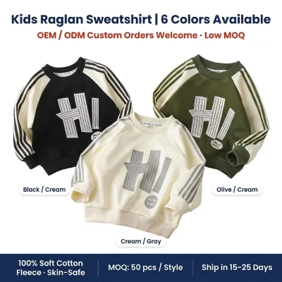 Factory Wholesale Custom Kids Sweatshirt Toddler Baby Boys Girls Striped Raglan Sleeve Pullover OEM Cotton Crewneck Sweater