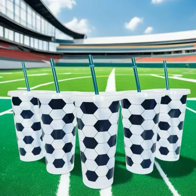New Eco-Friendly White Soccer-Themed Birthday Party Decorations PP Plastic Cups Straw Type Accessories Modern Minimalist Design