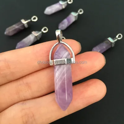 Gemstone Crystal Chakra Jewelry Two Hexagonal Natural Amethyst Point Pendant With Rope