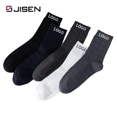 Custom Logo Check Business Men Mid-Tube Sport Couple Casual Breathable Mercerized Cotton Solid Color Antibacterial Simple Sock
