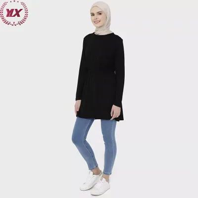 Stylish Fashion Black Polyester with Front Crystal Net Shrug Tunic Long Sleeve Elegant Tops Islamic Clothing