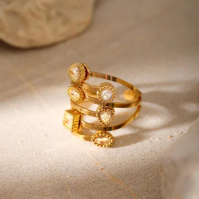European and American Zircon Irregular Geometric Opening Ring Fashion High-grade Sense Stainless Steel Gold-plated Ring