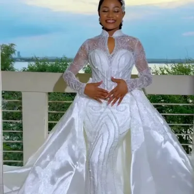 2 in 1 Nigeria Wedding Dresses Beaded Sequin Full Sleeve Applique Bride Gowns 2026 Detachable Train Mermaid Customized