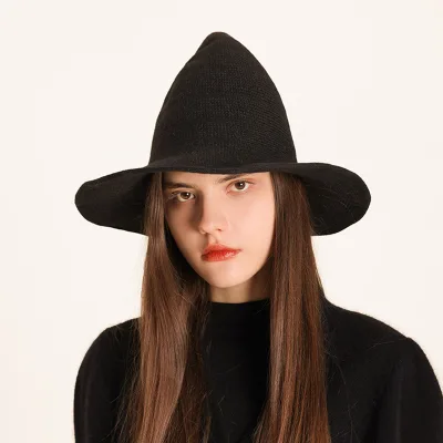 Factory Price Halloween Hat 100% Polyester Regular Wizard Hat Foldable Knitted Hat Pointed Witch Hat