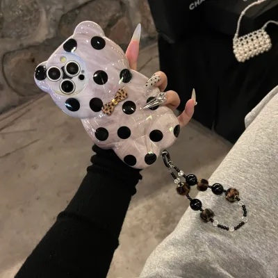 3D Bear Polka Dot Bow Phone Case for iPhone 16/13 Pro/14 Pro Max/15 Pro Max Leopard Print Chain Model With Strap