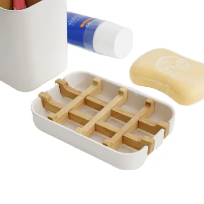 BAMBWARE Eco-Friendly for Fiber Shampoo Soap Holder Rectangle Soap Dish Box with Drain Tray for Bathroom