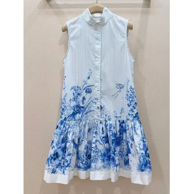Novia Party Dress 2026 Summer Lady Charming Floral Print Sleeveless Mini White Pink Striped Print Casual Princess Dress Cotton