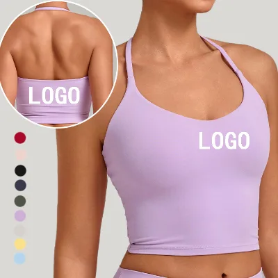 U Neck Open Back Fitness Bra Breathable Quick Dry Gym Crop Top Tight Halter Neck Padded Solid Tank Top