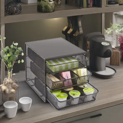 Wholesale 3-Drawer Storage Box Metal Black Mesh Organizer for K-Cup and Tableware Coated Coffee Capsule Storage Racks