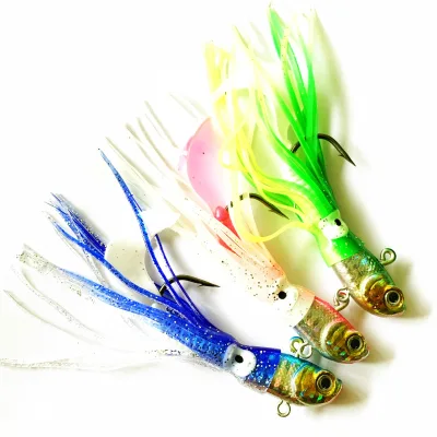 50G Luminous Grass Skirt Jig Head for Sea Bass Fishing Iron Plate Lure Bait Plastic Lead Metal Gear for Boat Rock Soft Bait