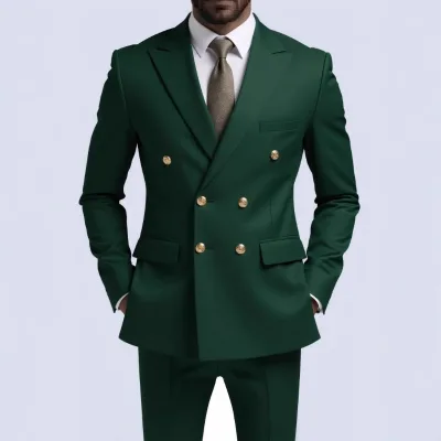 Men Business Suit and Pants Non-Iron Double-Breasted Gold-Button Color Blocked Two-Piece Set Trendy Mens Suit