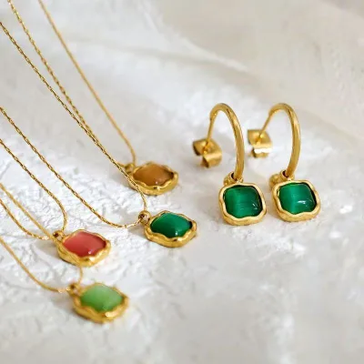 Ladies' stainless steel square colored gemstone necklace stud earrings