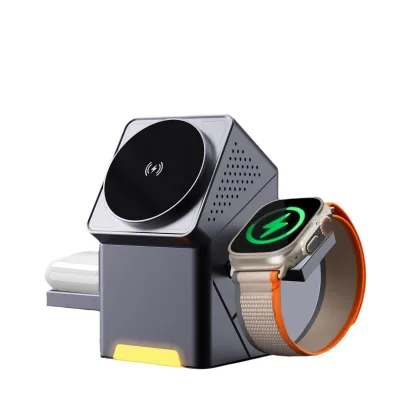 15W Fast Charging Three-in-One Mobile Phone Watch Earphone Bracket Clock New Rotary Magnetic Wireless Charger Multi-Function