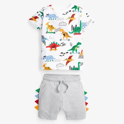 OA 60 Days OEM ODM 100% Cotton Boy Printed Dinosaur Summer Outfits Short Tee T-Shirt Shorts Pant 2PC Set Boys Summer Short Set