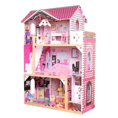 Educational Pretend Role Play Doll House Toy with Simulation Furniture Set Wooden DIY Hot Pink Three Layers Villa Toys for Girls