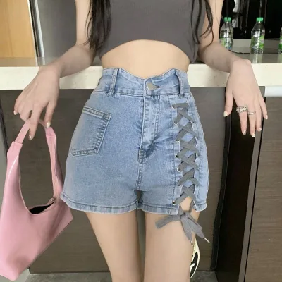 Factory Cheap Wholesale Lace-up Female Shorts Pants High Waisted Slimming Casual Women's Denim Shorts