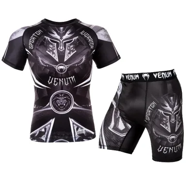 Customized Short Sleeves Polyester Stretchy Rash Guards Shorts MMA BJJ Sets