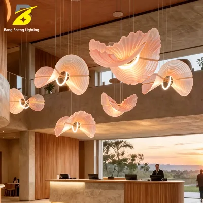 Ruffled Seashell Gradient Pink Translucent Resin Pendant Lamp Built in Ring LED Light Natural Wood Binding Strap Multi Size