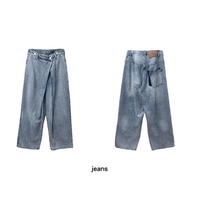 High Waist American Streetwear Denim Jeans Pants Cotton Straight Trousers Light Wash Design Woven Loose Fit for Winter Season