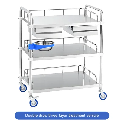 Stainless Steel Medical Trolley 3 Tier with Double Drawer Hospital Treatment Cart with Casters and Waste Bucket