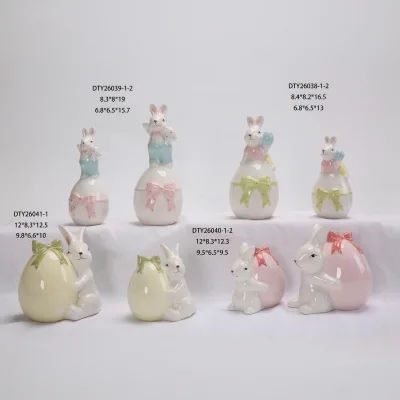 Easter Bunny Standing on Egg Figurine 3.7-7.5" Custom Ribbon Bow Rabbit Ceramic Statue Collection for Spring Home Decor