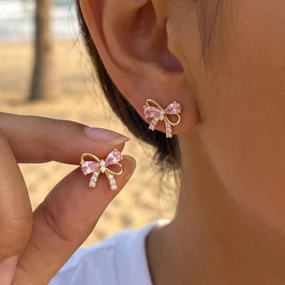 Trendy 18K Gold Plated Pink Zircon Bowknot Stud Earrings for Women Cute Pear Cut CZ Dainty Bow Knot Jewelry Gift Mexico USA