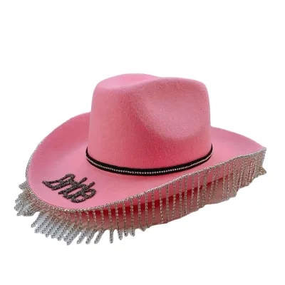 Rhinestone Fringe Cowboy White Hat with Adjustable Drawstring Wide Brim Cowgirl Hat for Beach Party Tea Party