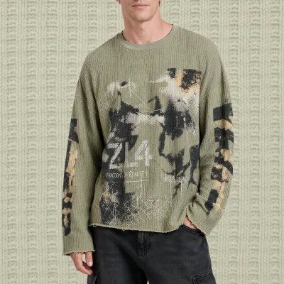 Raw Edge Hemming Cuff Bottom Design Waffle Knit Long Sleeve Shirt Custom DTG Print Graphic Oversized Waffle T Shirts Pour Hommes