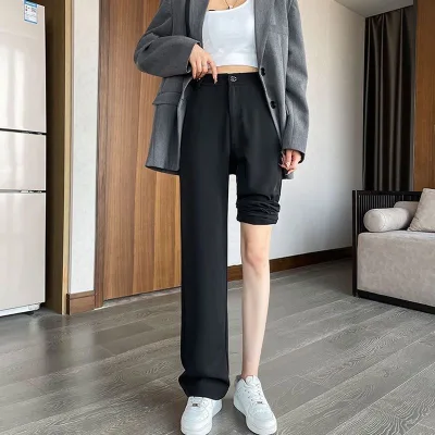 Women's High Fashion Vintage Wide Leg Office Work Pants Korean Style 2-Button Streetwear Elastic Waist Breathable for Summer