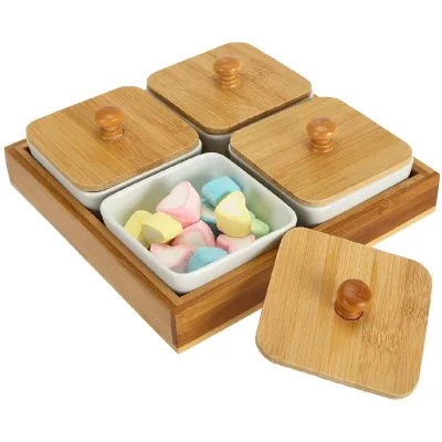 2026 OEM Ceramic Soy Sauce Dipping Bowls Garnish Tray Ceramic Divided Serving Dishes with Lids Bamboo Chips and Dip Platter