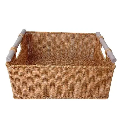 pp Rattan Woven Basket with Wooden Handle, Living Room Cabinet Organizer Basket, Snack Basket, Hotel Laundry Storage Basket