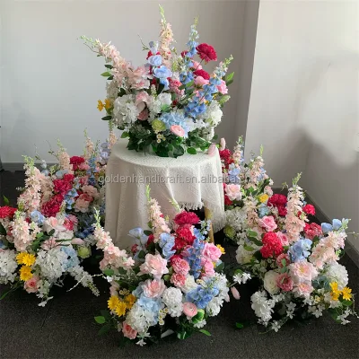 Wholesale Customized Artificial Silk Foam Base Rose & Green Leaves Floral Runner 60cm for Wedding Backdrop and Table Decor