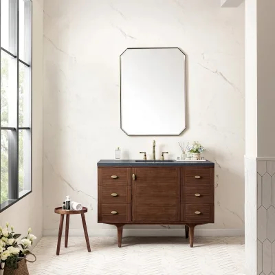 Custom Design Smart Bathroom Vanity Sintered Stone Top Gold Accents MDF Construction Spacious Storage Copper for High-End Decor