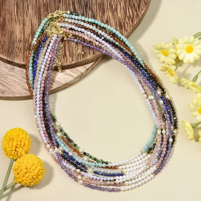 Boho Mini Bead Choker Natural Stone Lapis Amethyst Faceted Beads and Freshwater Pearls Necklace for Women Daily Anniversary Gift