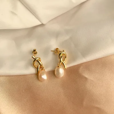Natural Freshwater Pearl Gold Plated Knotted Stud Earrings