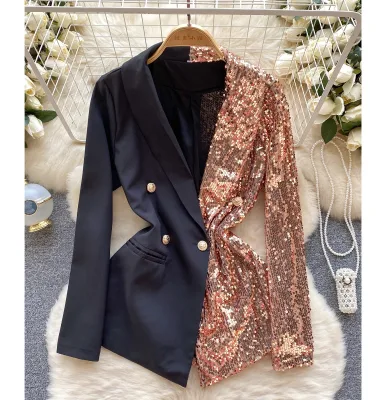 Spring New Elegant Button Party Sequined Patchwork Women Casual Suits